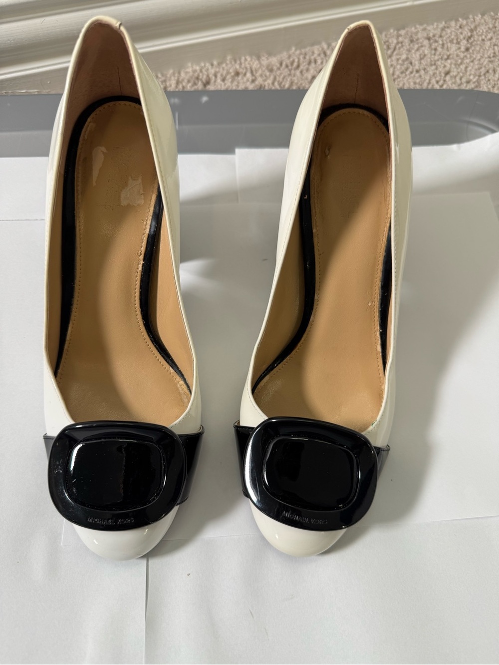 Michael Kors Black & White Patent Leather with Black Accent Buckle / Black Heel